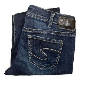 Silver Jeans Aiko Kick Flare Capris Jeans Womens 31 22 Dark Wash Embroidered